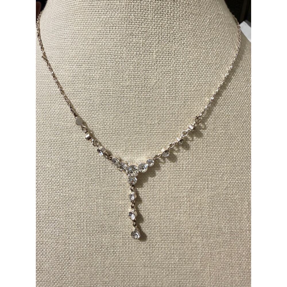 Vintage Silver Tone Rhinestone Drop Necklace Dainty Sparkle 14”+ 3”